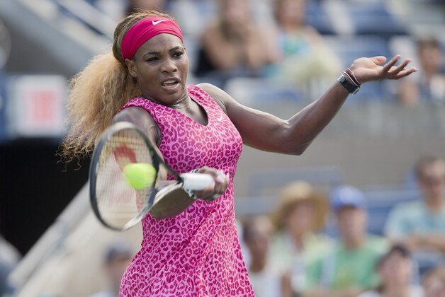 Sep 5, 2014; New York, NY, USA;  Serena Williams (USA) in action during her match against Ekaterina Makarova (RUS) on day eleven of the 2014 U.S. Open tennis tournament at USTA Billie Jean King National Tennis Center.  Mandatory Credit: Susan Mullane-USA TODAY Sports