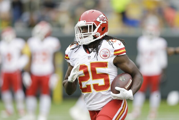 Kansas City Chiefs' Jamaal Charles runs before an NFL football preseason game against the Green Bay Packers Thursday, Aug. 28, 2014, in Green Bay, Wis. (AP Photo/Tom Lynn)