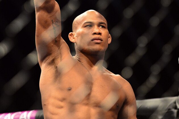 Sep 4, 2013; Belo Horizonte, BRAZIL; Ronaldo Jacare Souza reacts after defeating Yushin Okami (not pictured) during UFC Fight Night at Mineirinho Arena. Mandatory Credit: Jason Silva-USA TODAY Sports