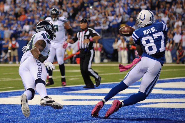 INDIANAPOLIS, IN - OCTOBER 06:  Reggie Wayne #87 of the Indianapolis Colts completes a two point conversion against the Seattle Seahawks during a game at Lucas Oil Stadium on October 6, 2013 in Indianapolis, Indiana.  (Photo by Jonathan Moore/Getty Images)