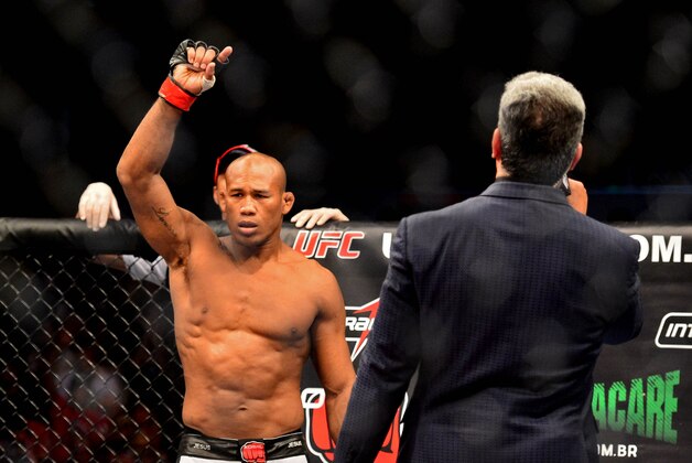 Feb 15, 2014; Jaragua do Sul, SC, Brazil; Ronaldo Souza (red gloves) before his fight against Francis Carmont (blue gloves) during UFC Fight Night Machida vs Mousasi at Arena Jaragua. Mandatory Credit: Jason Silva-USA TODAY Sports
