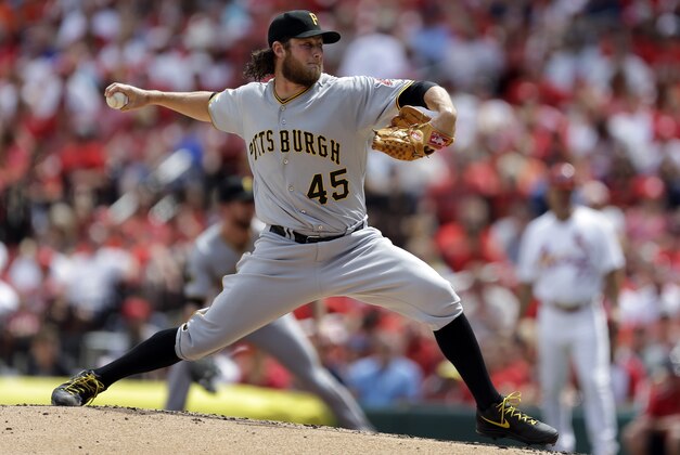 Pittsburgh Pirates starting pitcher Gerrit Cole throws during the first inning of a baseball game against the St. Louis Cardinals Monday, Sept. 1, 2014, in St. Louis. (AP Photo/Jeff Roberson)