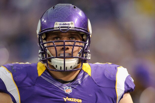MINNEAPOLIS, MN - NOVEMBER 11: Brandon Fusco #63 of the Minnesota Vikings looks on during the game against the Detroit Lions on November 11, 2012 at Mall of America Field at the Hubert H. Humphrey Metrodome in Minneapolis, Minnesota. (Photo by Hannah Foslien/Getty Images)
