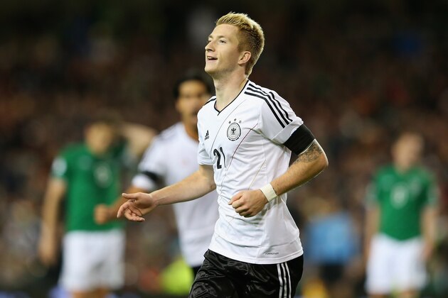 DUBLIN, IRELAND - OCTOBER 12:  Marco Reus of Germany celebrates after scoring the opening goal during the FIFA 2014 World Cup Qualifier Group C match between Republic of Ireland and Germany at the Aviva Stadium on October 12, 2012 in Dublin, Ireland.  (Photo by Alex Livesey/Getty Images)