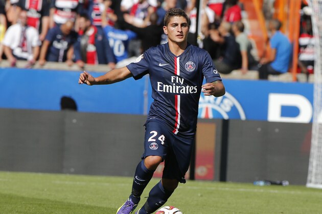 Paris Saint Germain's Italian Marco Verratti, controls the ball, during a French League One soccer Match, Paris Saint Germain against Bastia, at Parc des Princes stadium, in Paris, Saturday, Aug. 16. 2014. Paris Saint Germain won 2-0. (AP Photo/Michel Euler)