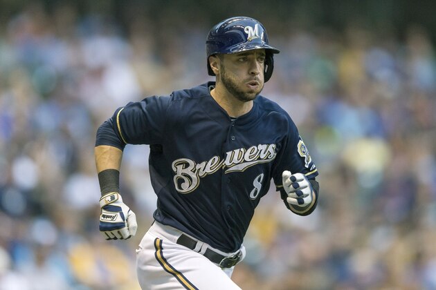 MILWAUKEE, WI - AUGUST 23:  Ryan Braun #8 of the Milwaukee Brewers runs to first against the Pittsburg Pirates at Miller Park on August 23, 2014 in Milwaukee, Wisconsin.  (Photo by Tom Lynn/Getty Images)