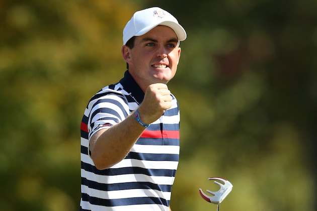 MEDINAH, IL - SEPTEMBER 30:  Keegan Bradley of the United States celebrates his birdie putt on the fifth green during the Singles Matches for The 39th Ryder Cup at Medinah Country Club on September 30, 2012 in Medinah, Illinois.  (Photo by Andy Lyons/Getty Images)