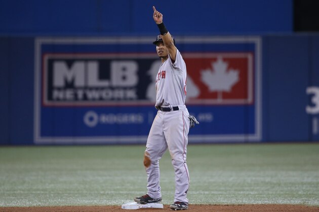 TORONTO, CANADA - AUGUST 26: Mookie Betts #50 of the Boston Red Sox appeals for a video challenge which would result in the call being overturned after being ruled out on a force play at second base in the eleventh inning during MLB game action against the Toronto Blue Jays on August 26, 2014 at Rogers Centre in Toronto, Ontario, Canada. (Photo by Tom Szczerbowski/Getty Images)