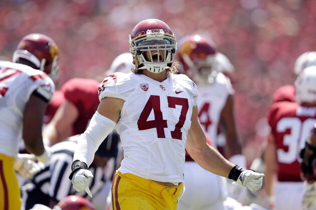 PALO ALTO, CA - SEPTEMBER 06:  Scott Felix #47 of the USC Trojans reacts after making a tackle against the Stanford Cardinal at Stanford Stadium on September 6, 2014 in Palo Alto, California.  (Photo by Ezra Shaw/Getty Images)