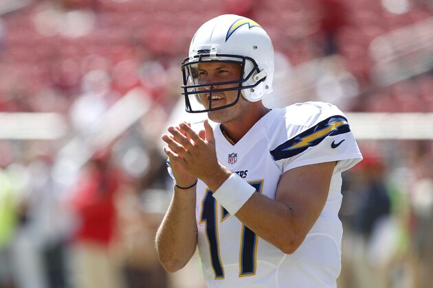 San Diego Chargers quarterback Philip Rivers (17) warms up before against the San Francisco 49ers an NFL preseason football game in Santa Clara, Calif., Sunday, Aug. 24, 2014. (AP Photo/Mathew Sumner)