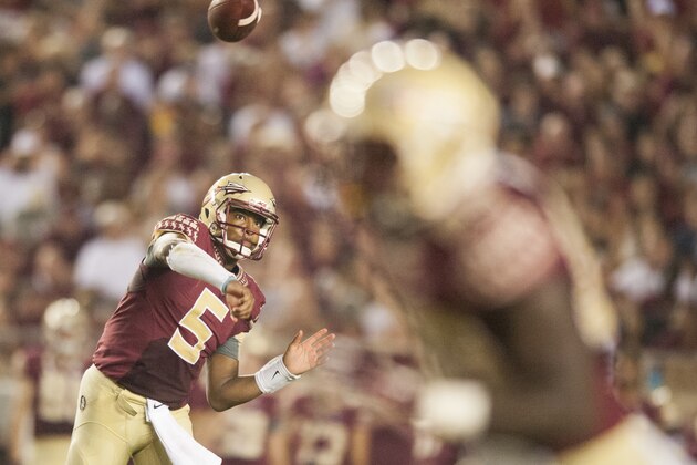 TALLAHASSEE, FL - SEPTEMBER 6: Jameis Winston #5 makes a pass during the first half against the Citadel at Doak Campbell Stadium on September 6, 2014 in Tallahassee, Florida. (Photo by Jeff Gammons/Getty Images)