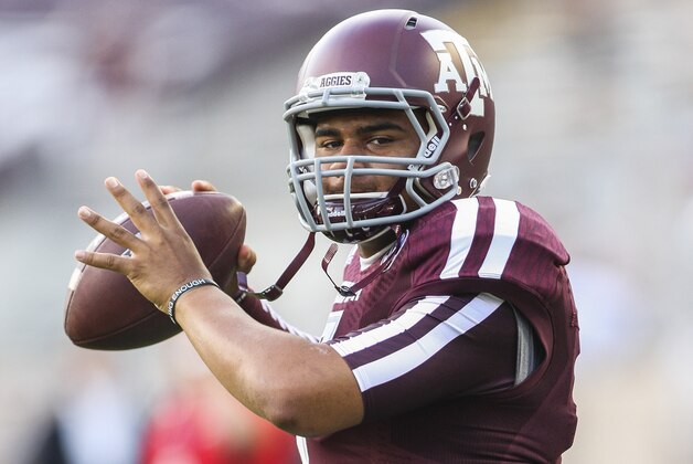 Sep 6, 2014; College Station, TX, USA; Texas A&M Aggies quarterback Kenny Hill (7) warms up before a game against the Lamar Cardinals at Kyle Field. Mandatory Credit: Troy Taormina-USA TODAY Sports