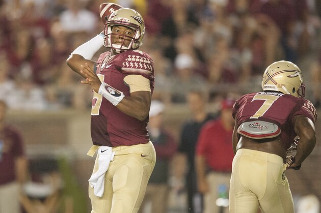 TALLAHASSEE, FL - SEPTEMBER 6: Jameis Winston #5 looks to make a pass during the first half against the Citadel at Doak Campbell Stadium on September 6, 2014 in Tallahassee, Florida. (Photo by Jeff Gammons/Getty Images)