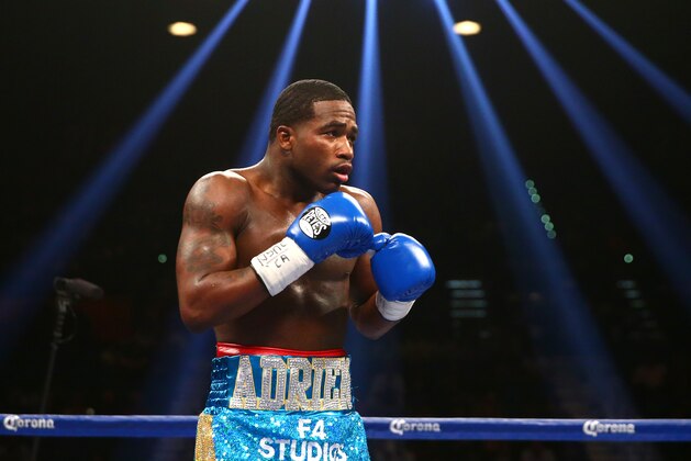 May 3, 2014; Las Vegas, NV, USA; Adrien Broner against Carlos Molina (not pictured) during their fight at MGM Grand. Mandatory Credit: Mark J. Rebilas-USA TODAY Sports