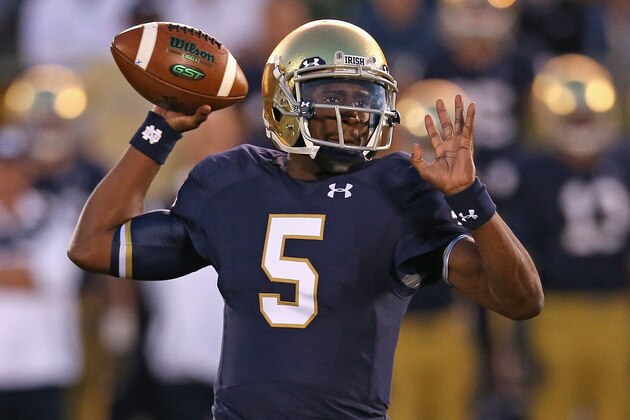 SOUTH BEND, IN - SEPTEMBER 06: Everett Golson #5 of the Notre Dame Fighting Irish passes against the Michigan Wolverines at Notre Dame Stadium on September 6, 2014 in South Bend, Indiana. (Photo by Jonathan Daniel/Getty Images) SOUTH BEND, IN - SEPTEMBER 06: Everett Golson #5 of the Notre Dame Fighting Irish passes against the Michigan Wolverines at Notre Dame Stadium on September 6, 2014 in South Bend, Indiana. (Photo by Jonathan Daniel/Getty Images)