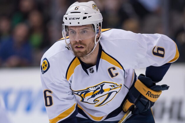 Apr 8, 2014; Dallas, TX, USA; Nashville Predators defenseman Shea Weber (6) skates against the Dallas Stars during the game at the American Airlines Center. The Stars defeated the Predators 3-2 in the overtime shootout. Mandatory Credit: Jerome Miron-USA TODAY Sports