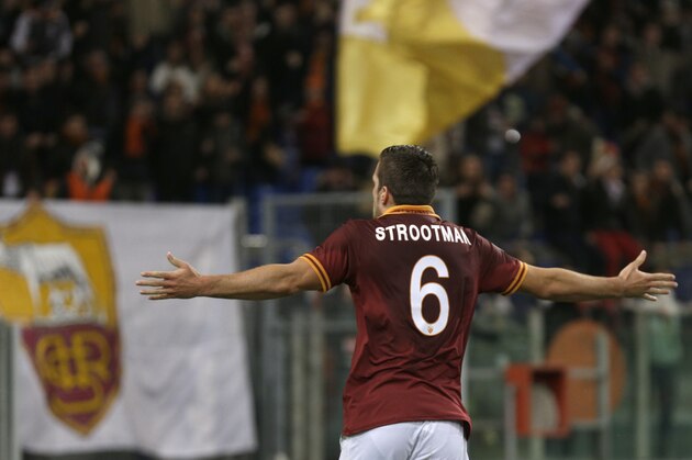 AS Roma midfielder Kevin Strootman of Belgium celebrates after scoring  during an Italian Serie A soccer match between AS Roma and Livorno at Rome's Olympic stadium, Saturday, Jan. 18, 2014. (AP Photo/Alessandra Tarantino)