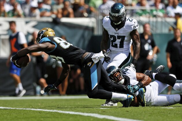 Jacksonville Jaguars' Allen Hurns (88) dives for a touchdown against Philadelphia Eagles' Nate Allen (29) and Malcolm Jenkins (27) during the first half of an NFL football game, Sunday, Sept. 7, 2014, in Philadelphia. (AP Photo/Michael Perez)