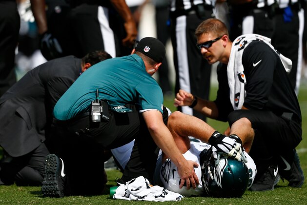 Philadelphia Eagles' Evan Mathis lays on the field after an injury during the first half of an NFL football game against the Jacksonville Jaguars, Sunday, Sept. 7, 2014, in Philadelphia. (AP Photo/Michael Perez)