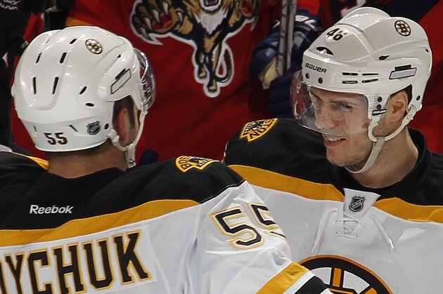 SUNRISE, FL - JANUARY 16: David Krejci #46 is congratulated by Johnny Boychuk #55 of the Boston Bruins after scoring the game-winning goal in the shoot-out against the Florida Panthers on January 16, 2012 at the BankAtlantic Center in Sunrise, Florida. The Bruins defeated the Panthers 3-2 in a shoot out. (Photo by Joel Auerbach/Getty Images)