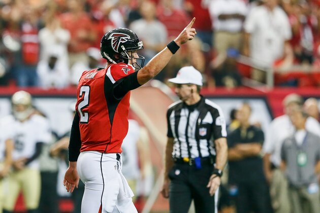 ATLANTA, GA - SEPTEMBER 07:  Matt Ryan #2 of the Atlanta Falcons celebrates after a touchdown in the first half against the New Orleans Saints at the Georgia Dome on September 7, 2014 in Atlanta, Georgia.  (Photo by Kevin C. Cox/Getty Images)