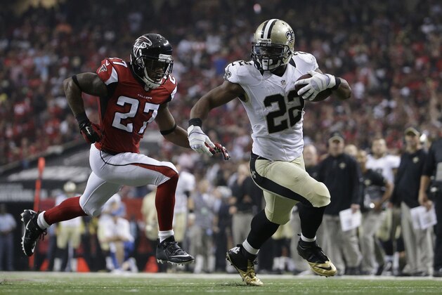 New Orleans Saints running back Mark Ingram (22) moves against the Atlanta Falcons during the second half of an NFL football game, Sunday, Sept. 7, 2014, in Atlanta. (AP Photo/David Goldman)