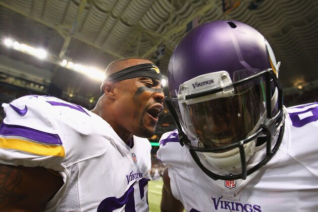 ST. LOUIS, MO - SEPTEMBER 7: Cordarrelle Patterson #84 of the Minnesota Vikings is congratulated by his teammate Everson Griffen #97 of the Minnesota Vikings after scoring a touchdown against the St. Louis Rams at the Edward Jones Dome on September 7, 2014 in St. Louis, Missouri.  The Vikings beat the Rams 34-6.  (Photo by Dilip Vishwanat/Getty Images)