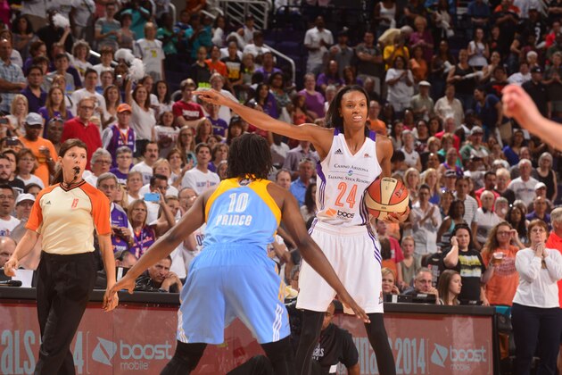 PHOENIX, AZ - SEPTEMBER 7: DeWanna Bonner #24 of the Phoenix Mercury calls a play against the Chicago Sky in Game 1 of the 2014 WNBA Finals on September 7, 2014 at US Airways Center in Phoenix, Arizona. NOTE TO USER: User expressly acknowledges and agrees that, by downloading and or using this Photograph, user is consenting to the terms and conditions of the Getty Images License Agreement. Mandatory Copyright Notice: Copyright 2014 NBAE (Photo by Barry Gossage/NBAE via Getty Images)