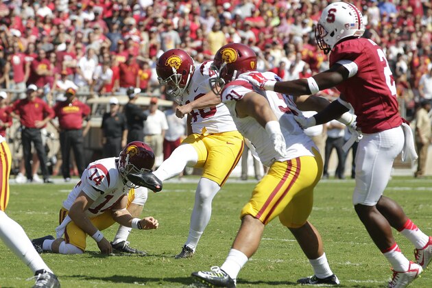 Southern California placekicker Andre Heidari (48) boots a field goal to tie Stanford during the first half of an NCAA college football game on Saturday, Sept. 6, 2014, in Stanford, Calif. USC won 13-10. (AP Photo/Tony Avelar)