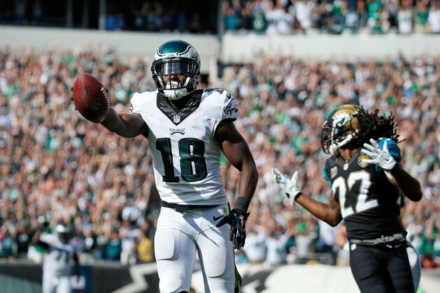 Philadelphia Eagles' Jeremy Maclin reacts as he scores a touchdown during the second half of an NFL football game against the Jacksonville Jaguars, Sunday, Sept. 7, 2014, in Philadelphia. (AP Photo/Chris Szagola)