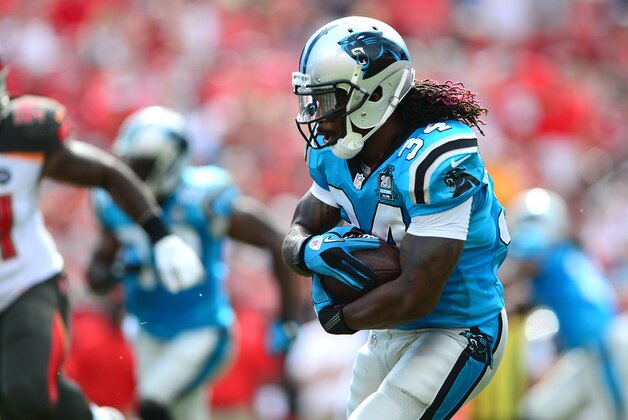 Sep 7, 2014; Tampa, FL, USA; Carolina Panthers running back DeAngelo Williams (34) runs the ball during the first quarter against the Tampa Bay Buccaneers at Raymond James Stadium. Mandatory Credit: Andrew Weber-USA TODAY Sports