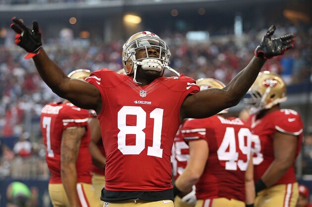 ARLINGTON, TX - SEPTEMBER 07:  Anquan Boldin #81 of the San Francisco 49ers celebrates after the San Francisco 49ers scored against the Dallas Cowboys in the first half at AT&T Stadium on September 7, 2014 in Arlington, Texas.  (Photo by Christian Petersen/Getty Images)