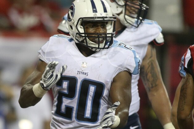 Aug 23, 2014; Atlanta, GA, USA; Tennessee Titans running back Bishop Sankey (20) celebrates his 3 yard touchdown run in the second half of their game against the Atlanta Falcons at the Georgia Dome. The Titans won 24-17. Mandatory Credit: Jason Getz-USA TODAY Sports