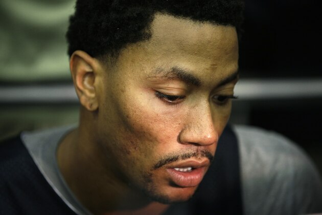 The Chicago Bulls' Derrick Rose speaks with the media after a USA Basketball minicamp practice Monday, July 28, 2014, in Las Vegas. (AP Photo/John Locher)