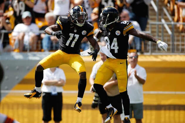 PITTSBURGH, PA - SEPTEMBER 7:  Markus Wheaton #11 of the Pittsburgh Steelers celebrates with Antonio Brown #84 after picking up a first down during the first quarter against the Cleveland Browns at Heinz Field on September 7, 2014 in Pittsburgh, Pennsylvania.  (Photo by Gregory Shamus/Getty Images)