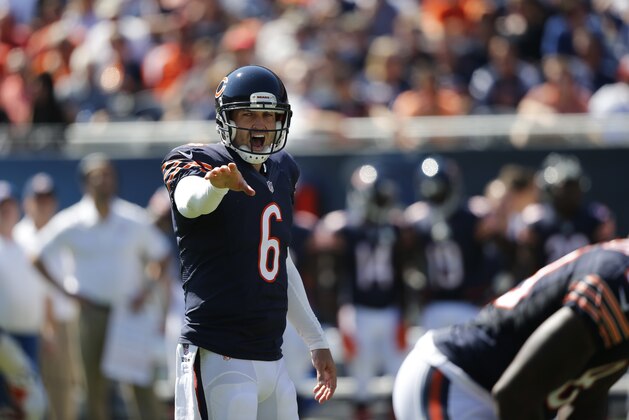 Chicago Bears quarterback Jay Cutler (6) prepares to call a play at the line of scrimmage during the second half of an NFL football game Sunday, Sept. 7, 2014, in Chicago. (AP Photo/Charles Rex Arbogast)