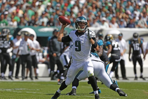 Philadelphia Eagles' Nick Foles is seen during an NFL football game against the Jacksonville Jaguars on Sunday, Sept. 7, 2014, in Philadelphia. (AP Photo/Michael Perez)