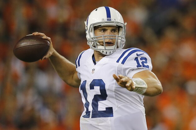 Indianapolis Colts quarterback Andrew Luck throws against the Denver Broncos during the second half of an NFL football game, Sunday, Sept. 7, 2014, in Denver. (AP Photo/Jack Dempsey)