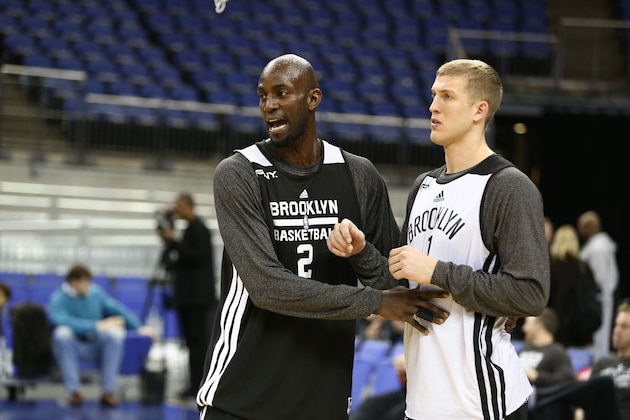 LONDON, ENGLAND - JANUARY 15: Kevin Garnett and Mason Plumlee of the Brooklyn Nets during practice as part of  the 2014 Global Games on January 15, 2014 at The O2 Arena in London, England. NOTE TO USER: User expressly acknowledges and agrees that, by downloading and/or using this Photograph, user is consenting to the terms and conditions of the Getty Images License Agreement. Mandatory Copyright Notice: Copyright 2014 NBAE (Photo by Nathaniel S. Butler/NBAE via Getty Images)