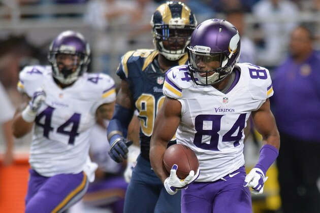 ST. LOUIS, MO - SEPTEMBER 7:  Cordarrelle Patterson #84 of the Minnesota Vikings scores a 67-yard touchdown in the third quarter St. Louis Rams  at the Edward Jones Dome on September 7, 2014 in St. Louis, Missouri. The Vikings defeated the Rams 34-6.  (Photo by Michael B. Thomas/Getty Images)