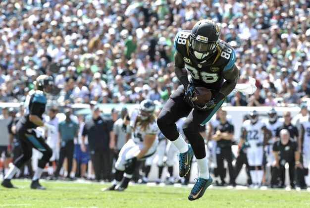 Sep 7, 2014; Philadelphia, PA, USA; Jacksonville Jaguars wide receiver Allen Hurns (88) catches a 34-yard touchdown pass against the Philadelphia Eagles in the first quarter at Lincoln Financial Field. Mandatory Credit: Eric Hartline-USA TODAY Sports