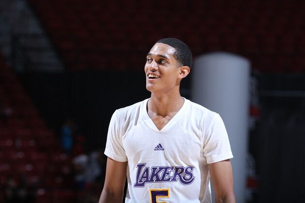 LAS VEGAS, NV - JULY 18: Jordan Clarkson #5 of the Los Angeles Lakers smiles during the game against the Denver Nuggets at the Samsung NBA Summer League 2014 on July 18, 2014 at the Thomas & Mack Center in Las Vegas, Nevada. NOTE TO USER: User expressly acknowledges and agrees that, by downloading and or using this photograph, User is consenting to the terms and conditions of the Getty Images License Agreement. Mandatory Copyright Notice: Copyright 2014 NBAE (Photo by Jack Arent/NBAE via Getty Images)