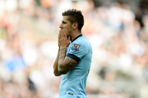 NEWCASTLE UPON TYNE, ENGLAND - AUGUST 17:  Stevan Jovetic of Manchester City reacts during the Barclays Premier League match between Newcastle United and Manchester City at St James' Park on August 17, 2014 in Newcastle upon Tyne, England.  (Photo by Jamie McDonald/Getty Images)