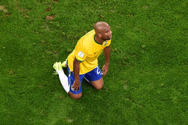 Brazil's Maicon reacts during the World Cup semifinal soccer match between Brazil and Germany at the Mineirao Stadium in Belo Horizonte, Brazil, Tuesday, July 8, 2014. (AP Photo/Francois Xavier Marit, Pool) Brazil's Maicon reacts during the World Cup semifinal soccer match between Brazil and Germany at the Mineirao Stadium in Belo Horizonte, Brazil, Tuesday, July 8, 2014. (AP Photo/Francois Xavier Marit, Pool)