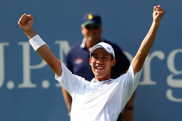 NEW YORK, NY - SEPTEMBER 06: Kei Nishikori of Japan celebrates after defeating Novak Djokovic of Serbia in their men's singles semifinal match on Day Thirteen of the 2014 US Open at the USTA Billie Jean King National Tennis Center on September 6, 2014 in the Flushing neighborhood of the Queens borough of New York City. Nishikori defeated Djokovic in four sets 6-4, 1-6, 7-6, 6-3. (Photo by Julian Finney/Getty Images) NEW YORK, NY - SEPTEMBER 06: Kei Nishikori of Japan celebrates after defeating Novak Djokovic of Serbia in their men's singles semifinal match on Day Thirteen of the 2014 US Open at the USTA Billie Jean King National Tennis Center on September 6, 2014 in the Flushing neighborhood of the Queens borough of New York City. Nishikori defeated Djokovic in four sets 6-4, 1-6, 7-6, 6-3. (Photo by Julian Finney/Getty Images)