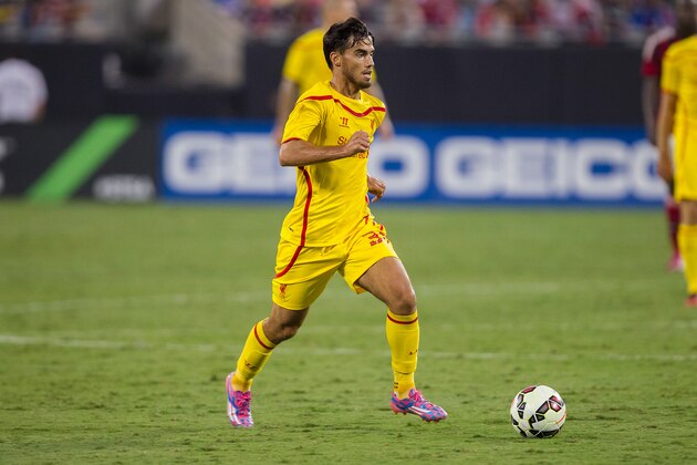 CHARLOTTE, NC - AUGUST 02: Suso #30 of Liverpool brings the ball up the field against A.C. Milan in the Guinness International Champions Cup at Bank of America Stadium on August 2, 2014 in Charlotte, North Carolina.  Liverpool defeated A.C. Milan 2-0.  (Photo by Brian A. Westerholt/Getty Images)