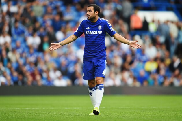 LONDON, ENGLAND - AUGUST 23:  Cesc Fabregas of Chelsea reacts during the Barclays Premier League match between Chelsea and Leicester City at Stamford Bridge on August 23, 2014 in London, England.  (Photo by Jamie McDonald/Getty Images)