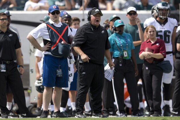 PHILADELPHIA, PA - SEPTEMBER 7: Head coach Chip Kelly of the Philadelphia Eagles reacts after a penalty was called on his team in the first quarter against the Jacksonville Jaguars on September 7, 2014 at Lincoln Financial Field in Philadelphia, Pennsylvania. (Photo by Mitchell Leff/Getty Images)