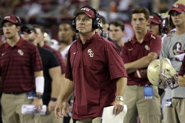 Florida State coach Jimbo Fisher watches an extra point by his team against Oklahoma State in the second half of an NCAA college football game, Saturday, Aug. 30, 2014, in Arlington, Texas. (AP Photo/Tony Gutierrez)