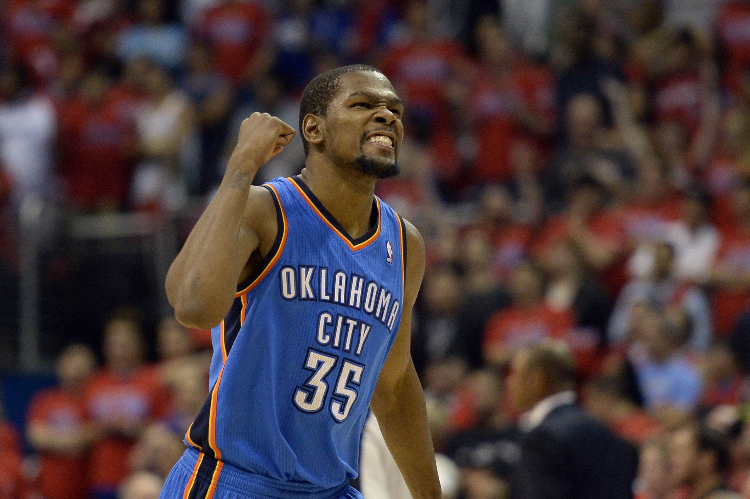 May 15, 2014; Los Angeles, CA, USA; Oklahoma City Thunder forward Kevin Durant (35) reacts during the fourth quarter in game six of the second round of the 2014 NBA Playoffs against the Los Angeles Clippers at Staples Center. Mandatory Credit: Richard Mackson-USA TODAY Sports